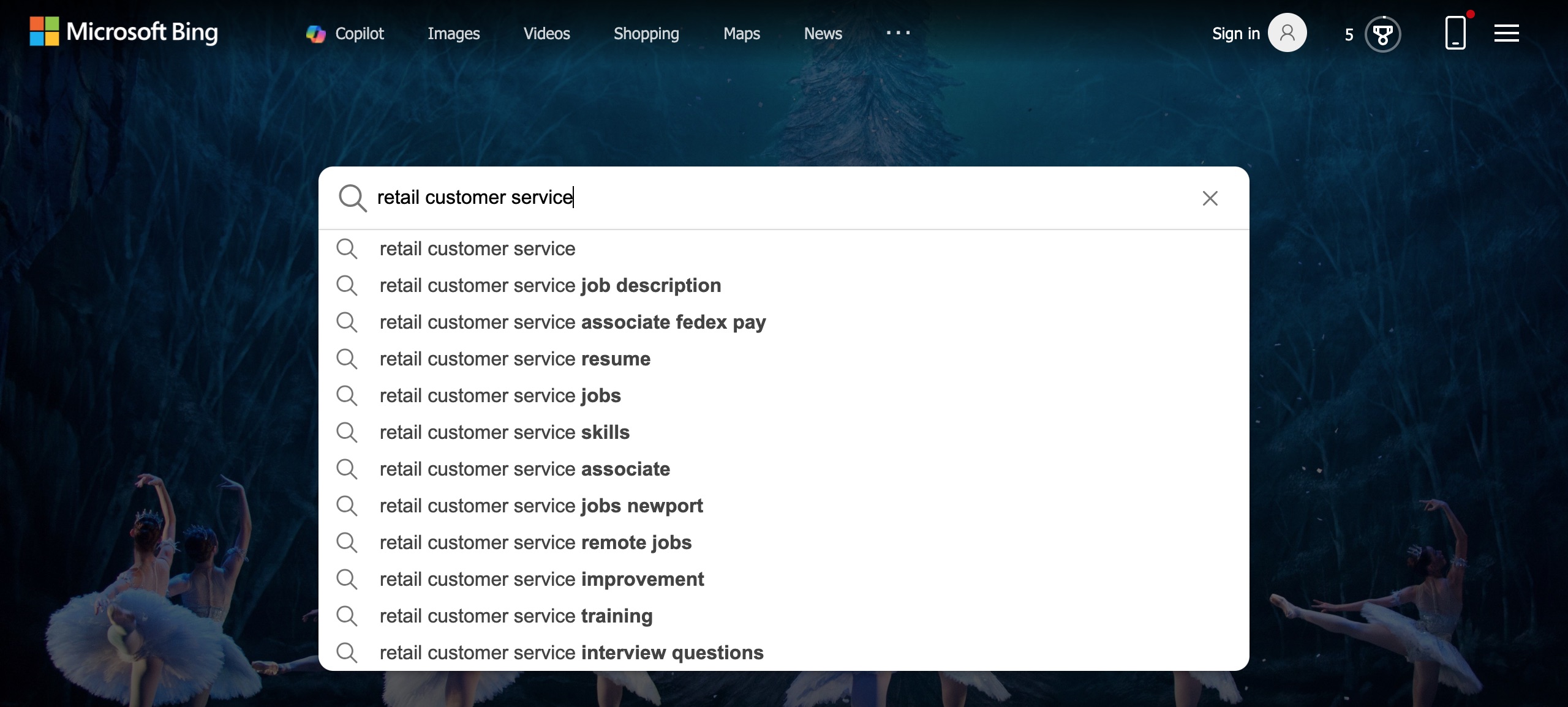 The Bing search engine is open, with a search for, "retail costumer service" entered in the search box. Instant search results are displayed.