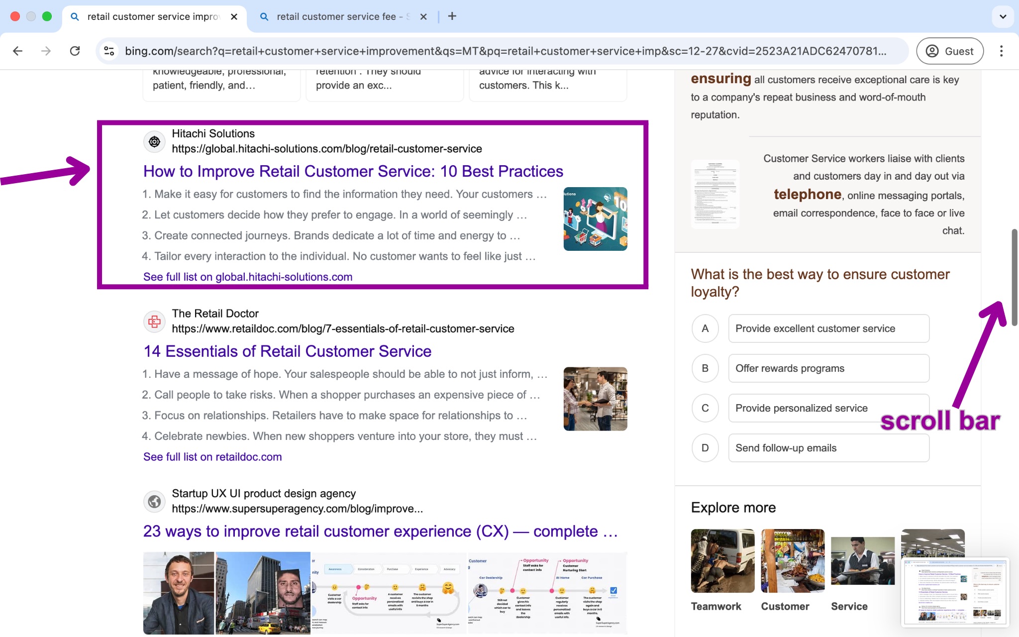 The Bing search engine has been run displaying several options for the search that had been entered. The top search result is highlighted in a magenta box. On the right side of the page is an arrow pointing at the scroll bar demonstrating how to view all of the search results.