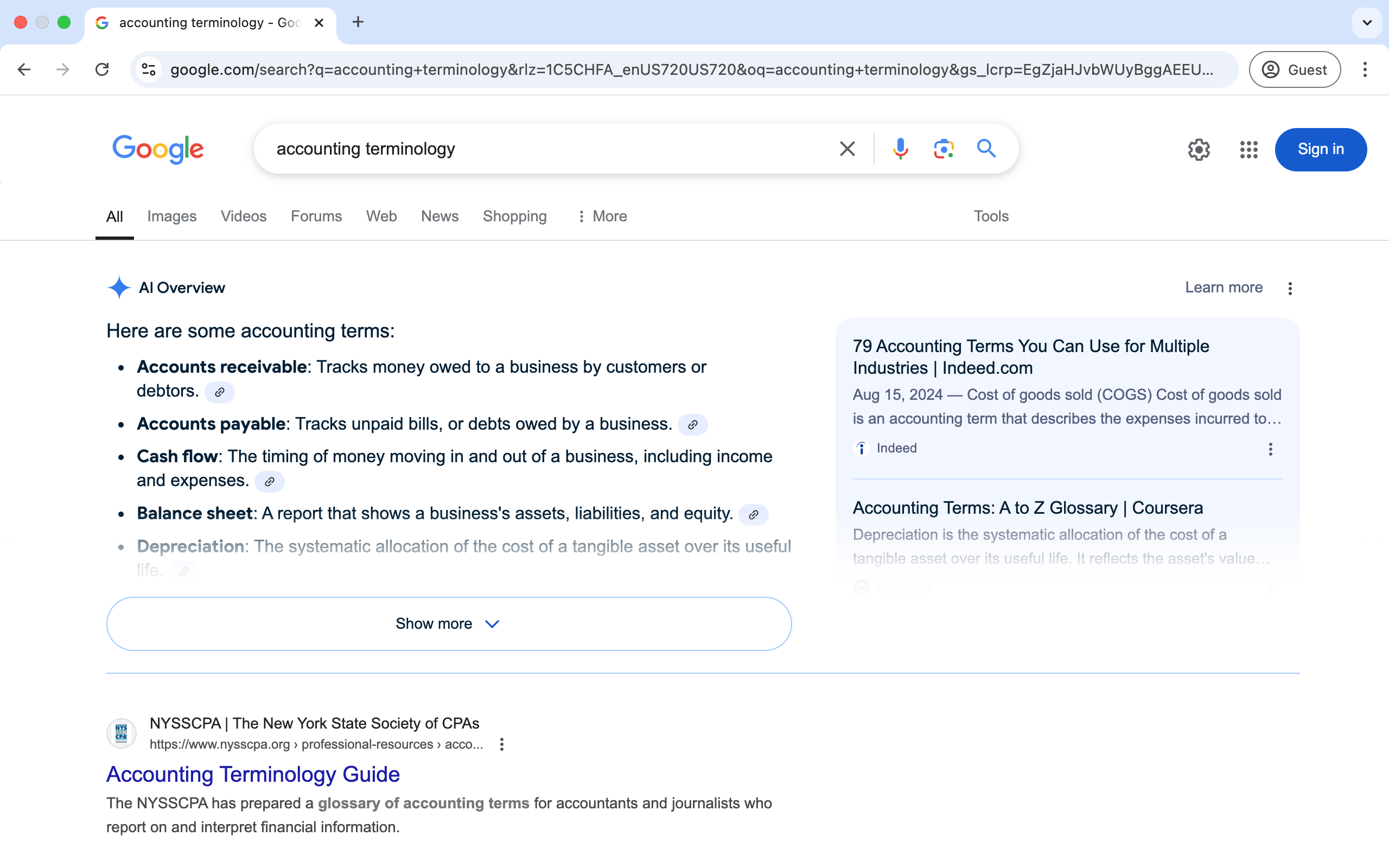 A Google search has been entered for accounting terminology.