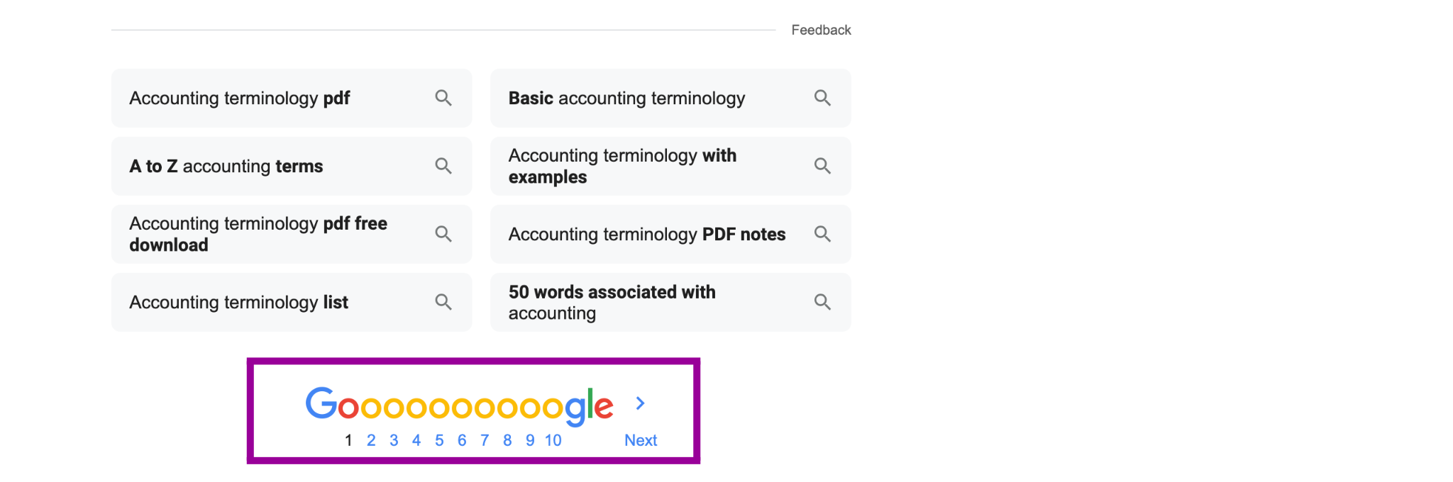 A Google search has been entered for accounting terms, a magenta box shows how many different pages of results can be displayed.