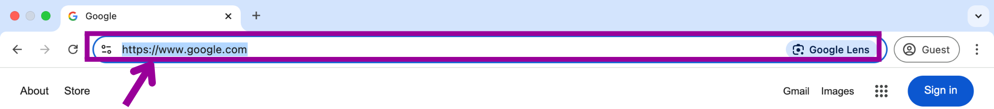 The Google home URL is in the address bar. There is a magenta arrow pointing at the address bar which is highlighted by a magenta box.