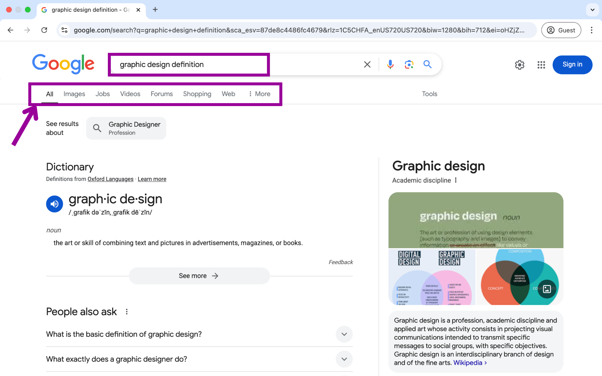 A Google search has been performed for, "graphic design definition". There is a magenta box showing where the search box is and another below it highlighting where you want to search specifically. The options include search all, images, news, videos, shopping and more.
