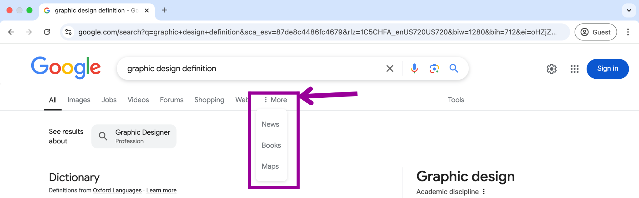 A Google search has been performed for, "graphic design definition". There is a magenta box highlighting where the more options feature is. A new dropdown menu has come from the options tab which now include, Maps, Books, and Flights.