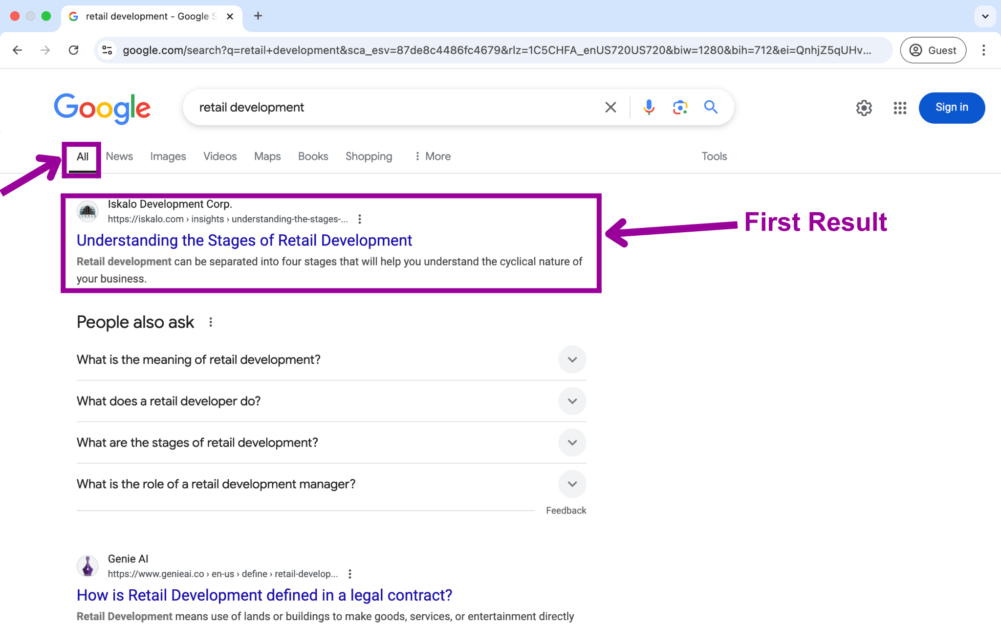 The Google search engine is open, with a search for, "retail development" entered in the search box. A magenta box shows that the search has been run for all search results. There is another magenta box showing what the first results is.