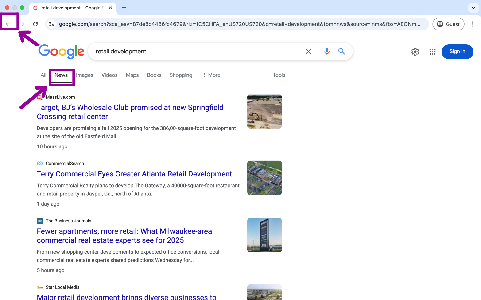 The Google search engine is open, with a search for, "retail development" entered in the search box. A magenta box shows where the back button is in the top left corner. There is another magenta box showing that this search has been run specifically for news.