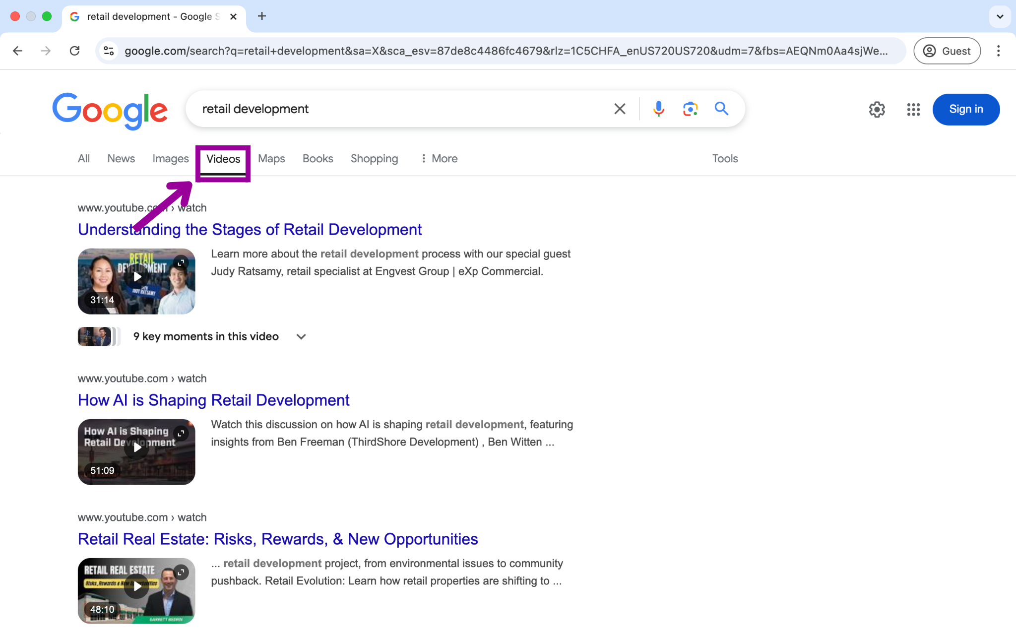 The Google search engine is open, with a search for, "retail development" entered in the search box. There is a magenta box showing that this search has been run specifically for videos.