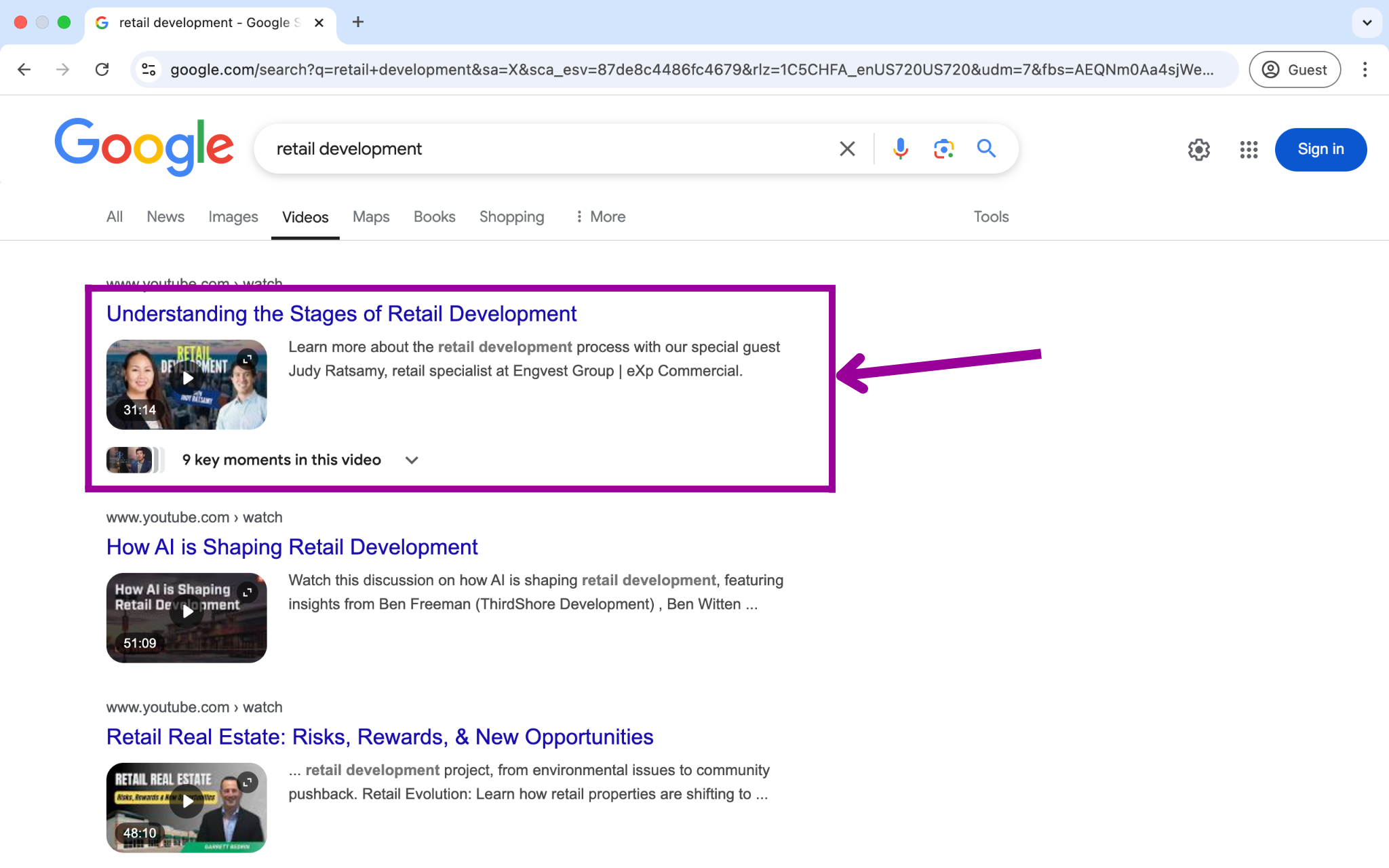 The Google search engine is open, with a search for, "retail development" entered in the search box. There is a magenta box showing the top search result.