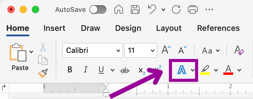 Zoom in on the ribbon bar of a Microsoft Word document. A magenta arrow is pointing at a smaller magenta box which is highlighting where the text effects button is.