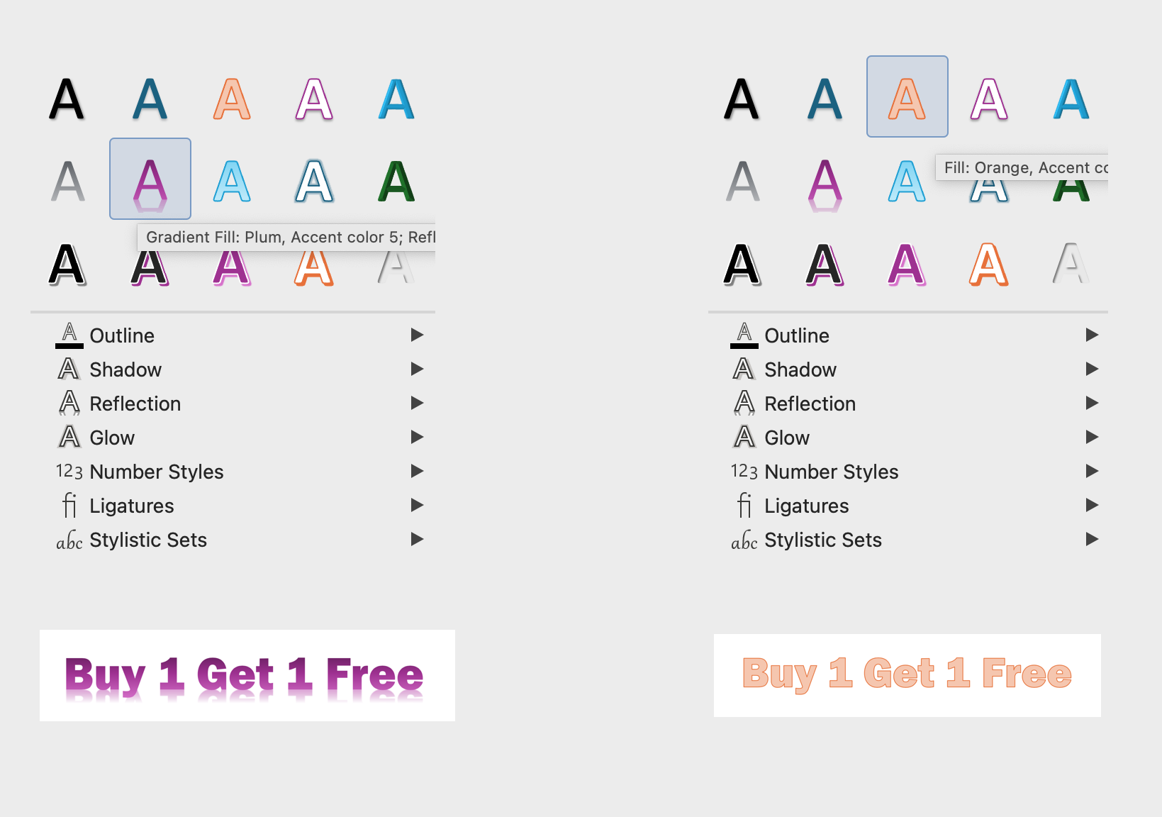 On the left hand side of this split screen image is the text effects menu with a purple text selected. This text has a faint shadow to it. On the right half of this image is the same visual except a different text has been selected. This text is a faint orange that is bolded on the outside and lighter on the inside.