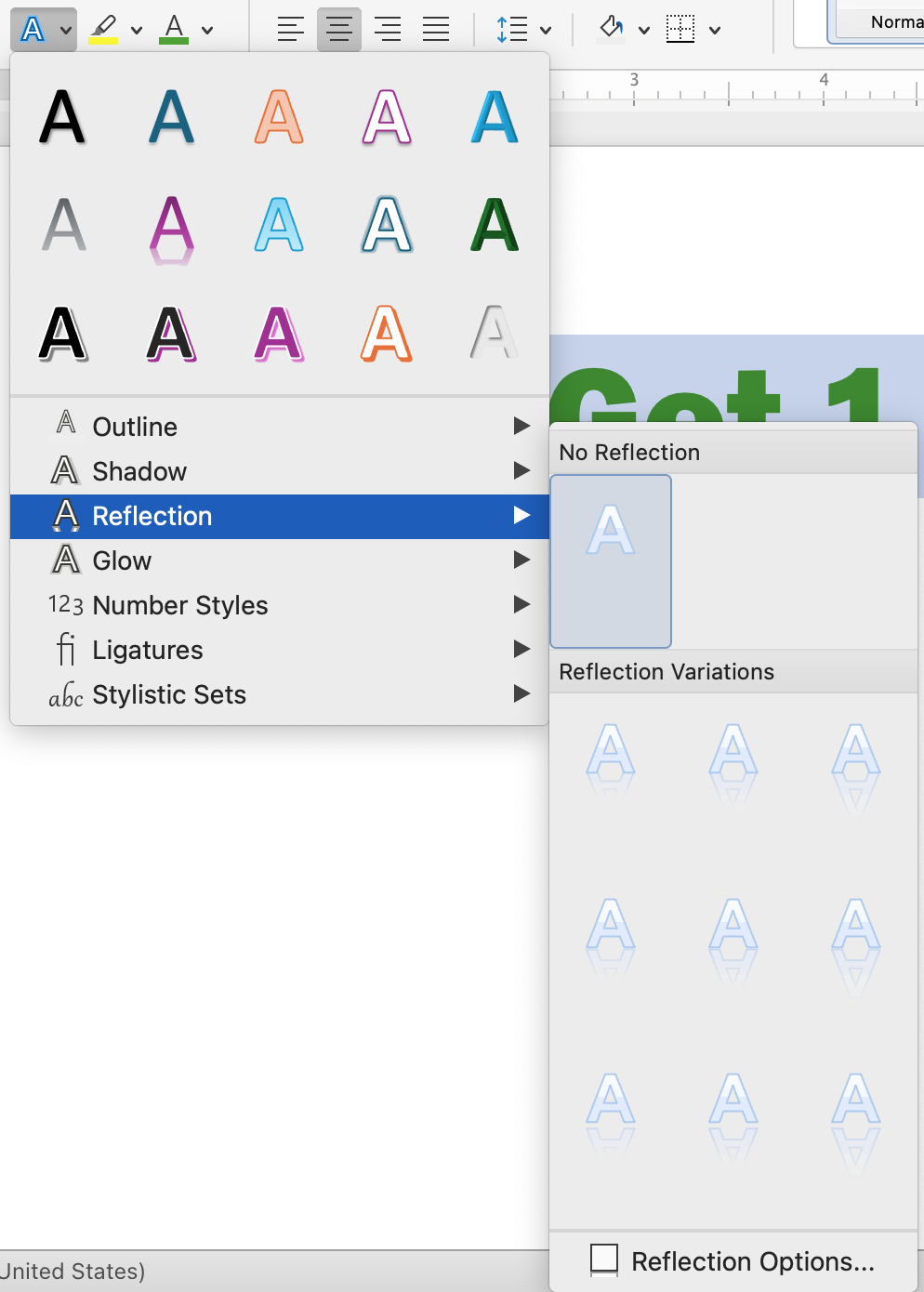 At the bottom of the text effect menu a separate menu opens up which allows you to adjust the different styles of text. There are 7 options available including: Outline, Shadow, Reflection, and Glow. Reflection has been selected displaying two new options. The first being "No Reflection" and the second being "Reflection Variations".