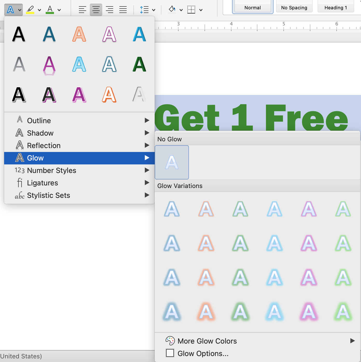 At the bottom of the text effect menu a separate menu opens up which allows you to adjust the different styles of text. There are 7 options available including: Outline, Shadow, Reflection, and Glow. Glow has been selected displaying two new options. The first being "No Glow" and the second being "Glow Variations".