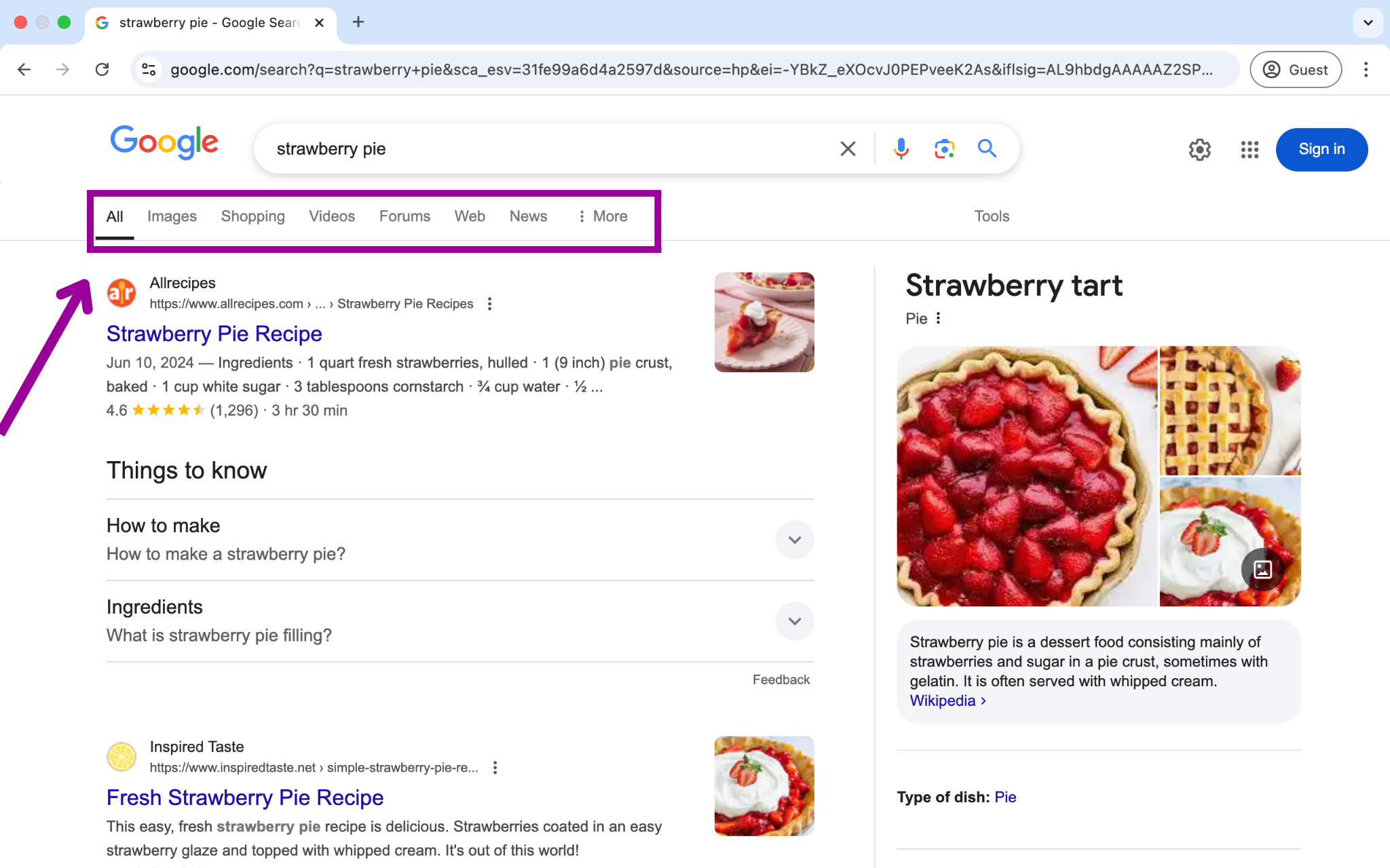 A Google search for "strawberry pie" has been entered. Above the displayed search results the menu with six choices is displayed in a magenta box.
