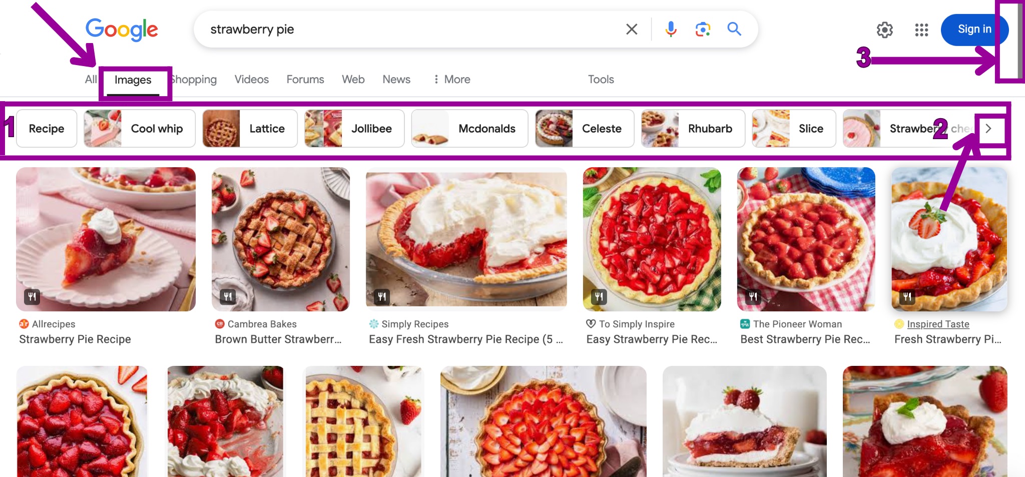 A Google search for "strawberry pie" has been entered in the images section. There are magenta boxes highlighting different sections of the page. The first one is indicating where the image category button has been entered. The second one is highlighting where the additional category button arrow is. The third is highlighting where the scroll bar is and the fourth shows where the safe search feature is.