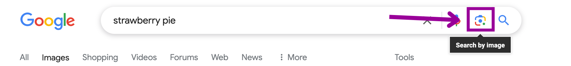 A Google search for "strawberry pie" has been entered in the images section. A magenta arrow is pointing to a magenta box which is highlighting a the image icon.