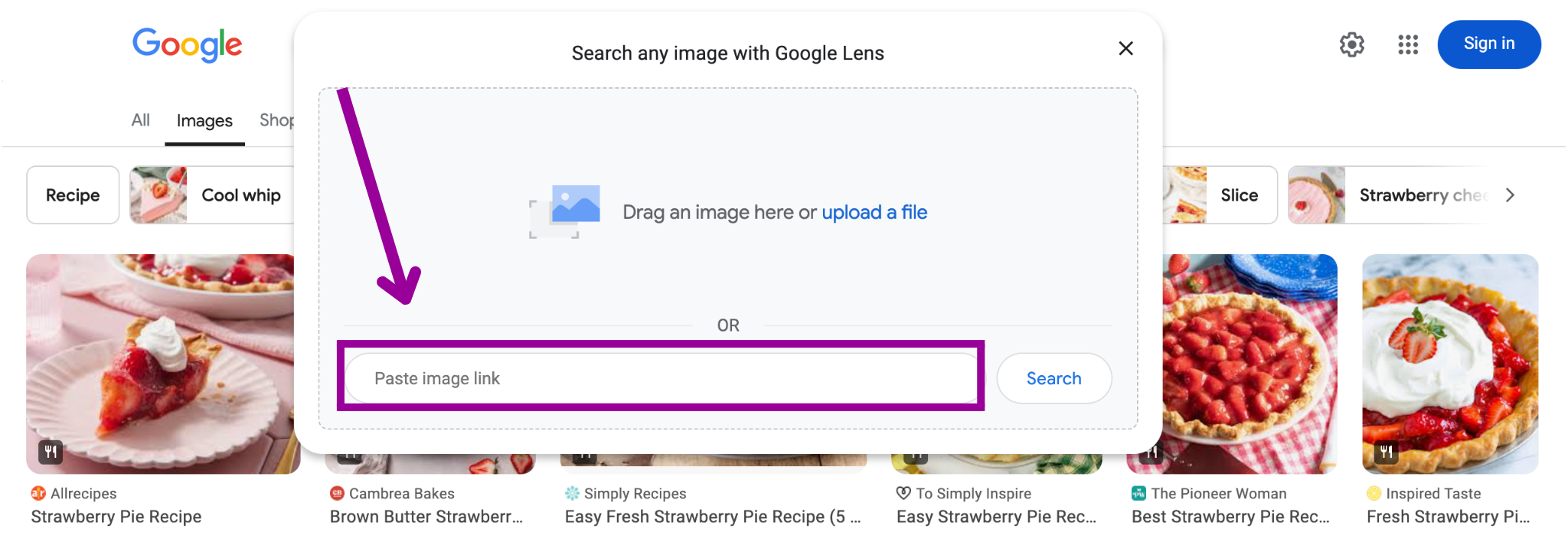 A Google search for "strawberry pie" has been entered in the images section. A magenta box is highlighting where the paste image url is.