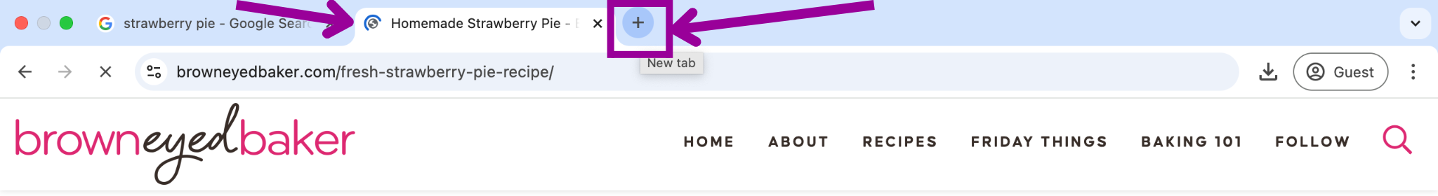 A Google search for "strawberry pie" is open in one tab. A new tab has been opened with a magenta arrow demonstrating that the page is about strawberry pie. Another magenta arrow indicates the option to open a new tab.
