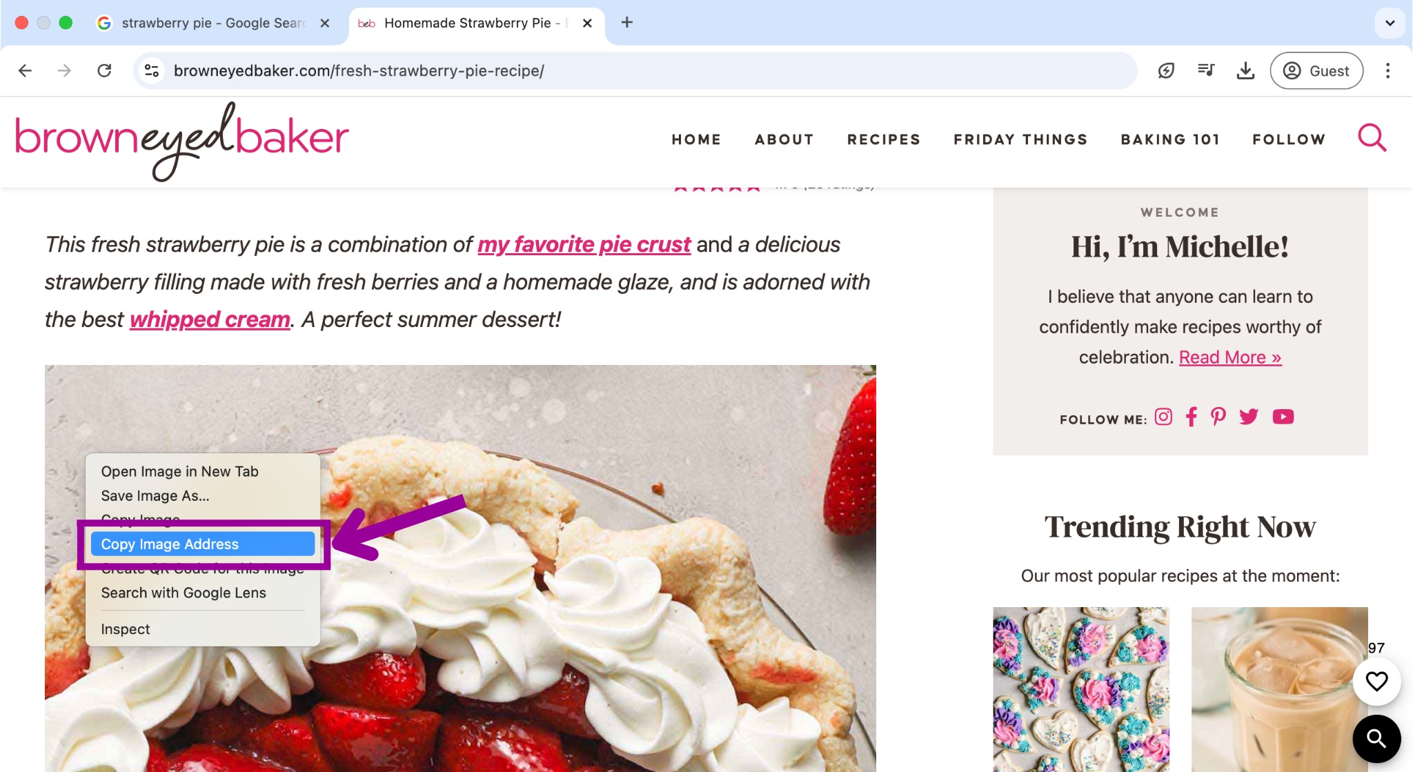 A recipe page on how to make strawberry pie is open. On the image displayed on the webpage is a dropdown menu. There is a magenta arrow pointing at a magenta box showing the option to copy the images address.