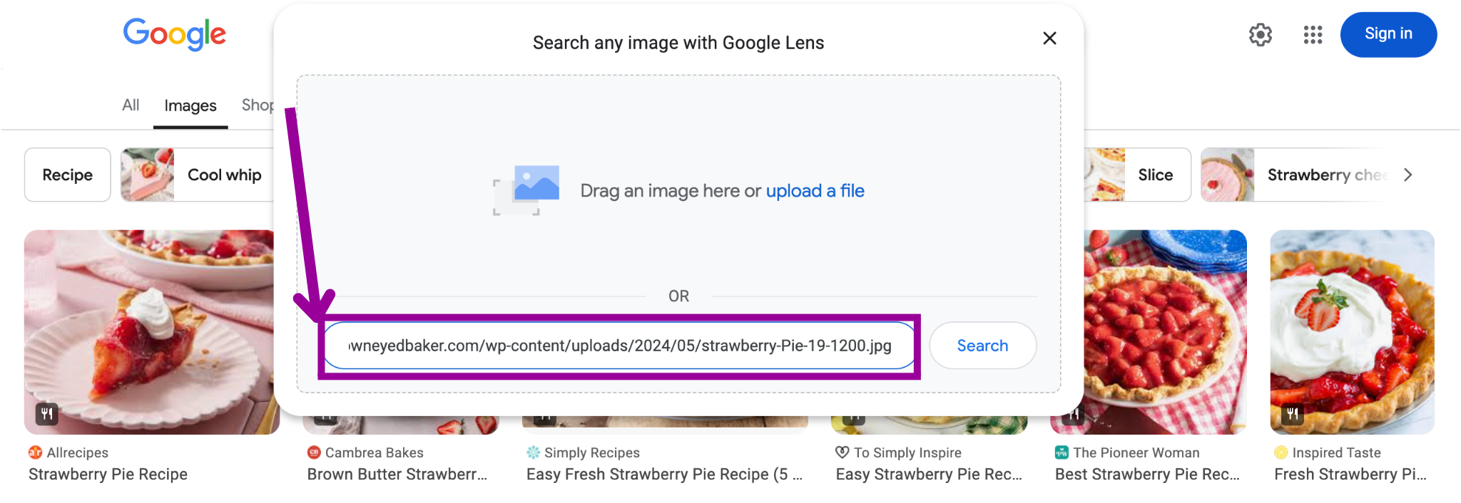A Google search for "strawberry pie" has been entered in the images section. A magenta arrow is pointing from the Google logo to a new menu where there is a magenta box highlighting the address bar.