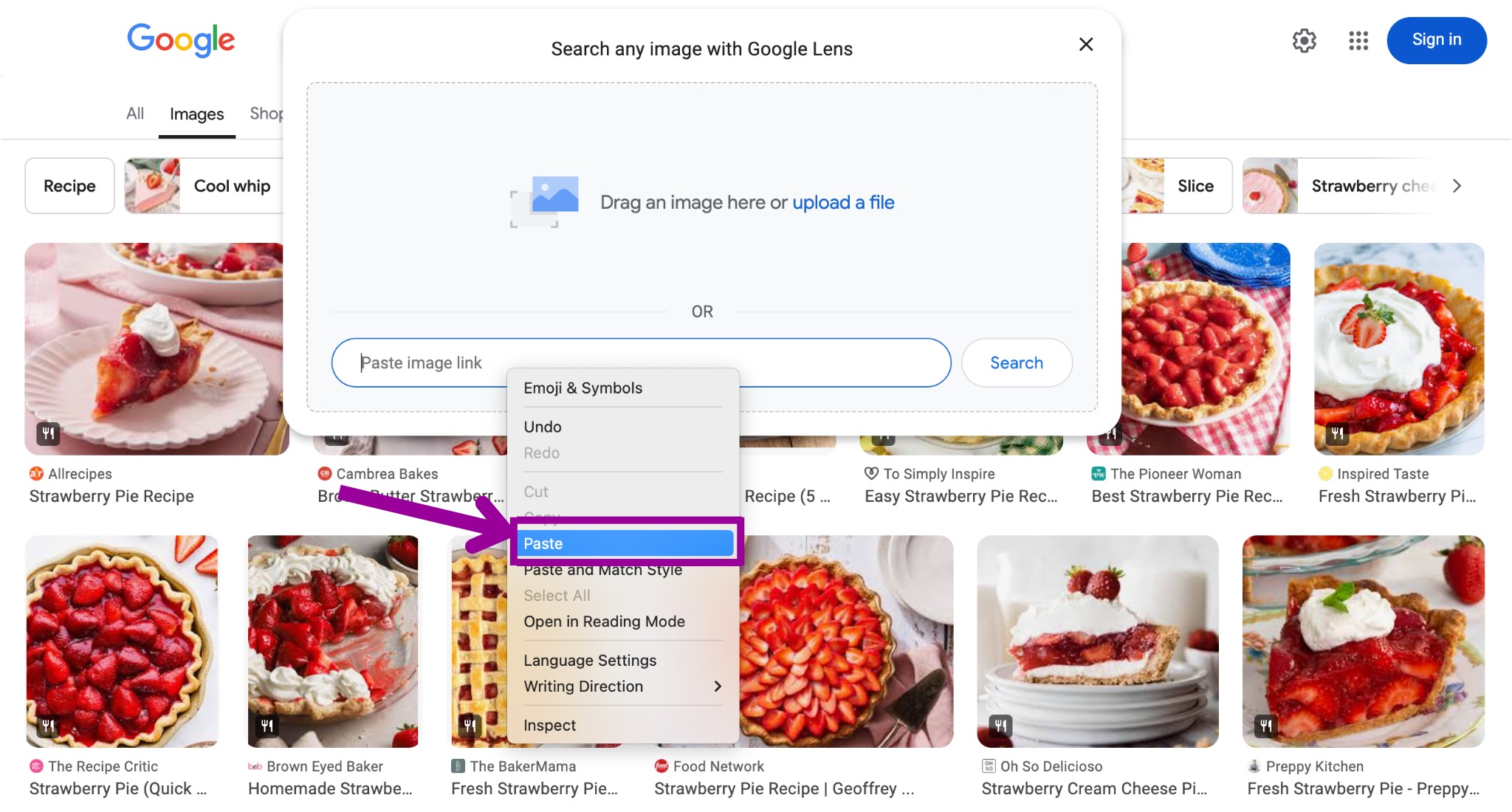A Google search for "strawberry pie" has been entered in the images section. On the images displayed section from the search results, a dropdown menu has appeared. There is a magenta arrow pointing at a magenta box showing the option to paste as plain text.