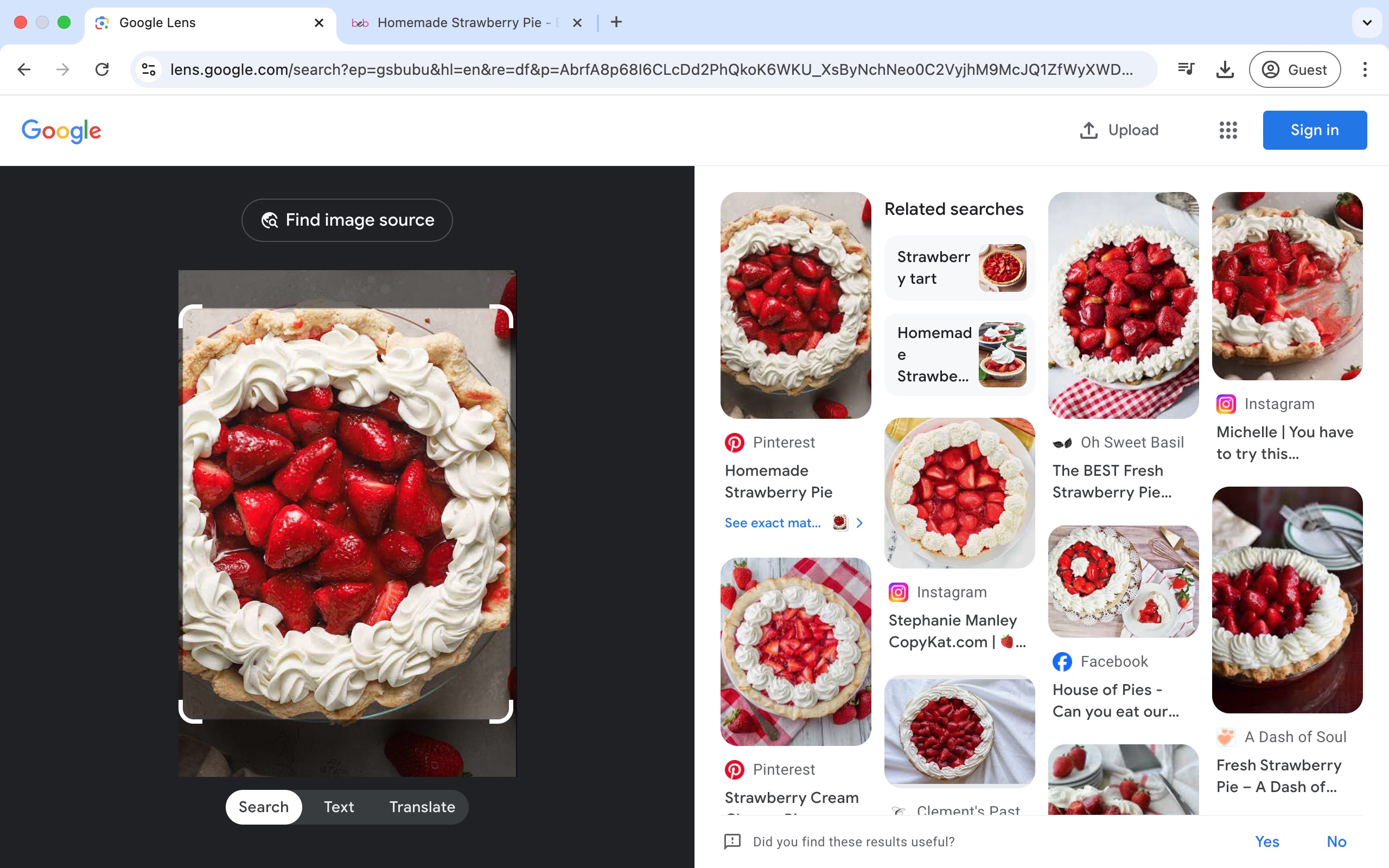 A Google search for "strawberry pie" has been entered in the images section.