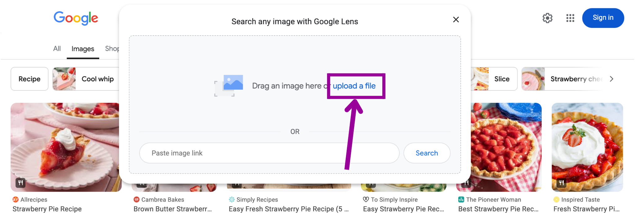 A Google search for "strawberry pie" has been entered in the images section. On the images displayed section from the search results a magenta arrow is pointing at the option to upload an image.