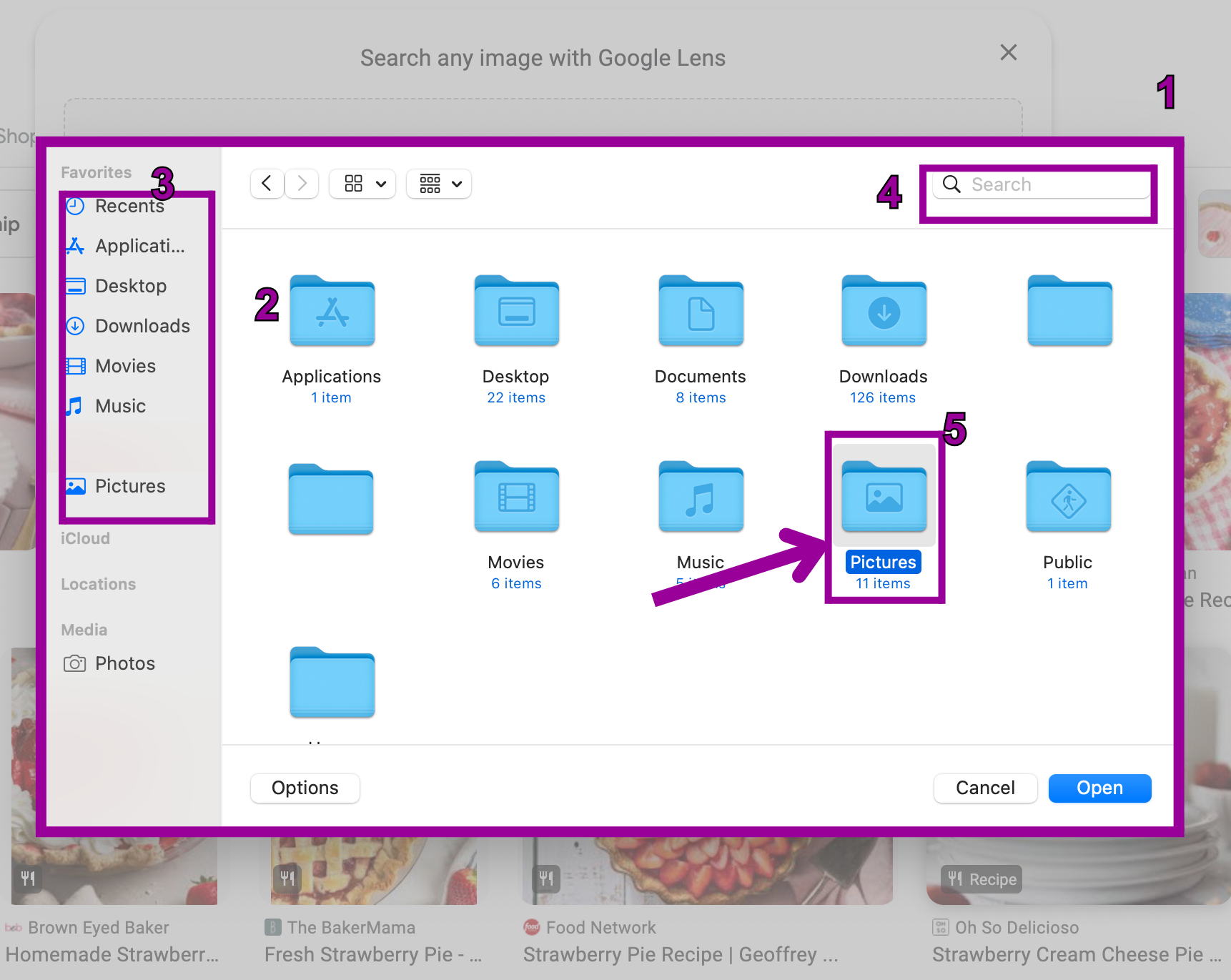 The file finder has been opened and is displayed in front of the google home page screen. There are 5 magenta numbers highlighting where different things are. The first shows the current files, drives and network drives for a computer. The second shows the left scrolling menu lists the areas on a computer to look for files. The third displays the current location being shown by the window. The fourth shows where the search box is which searches for files, images, and text in the currently displayed window. Finally the fifth shows the file folder with image to be uploaded.