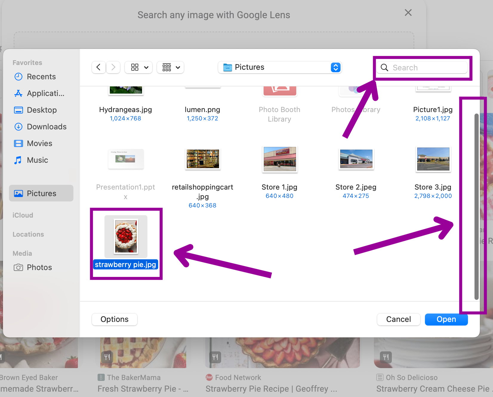 The file finder has been opened and is displayed in front of the google home page screen. There is a magenta box showing where the search bar is in the file finder. Another magenta box highlights what image has been selected. A third magenta box indicates where the scroll bar is.