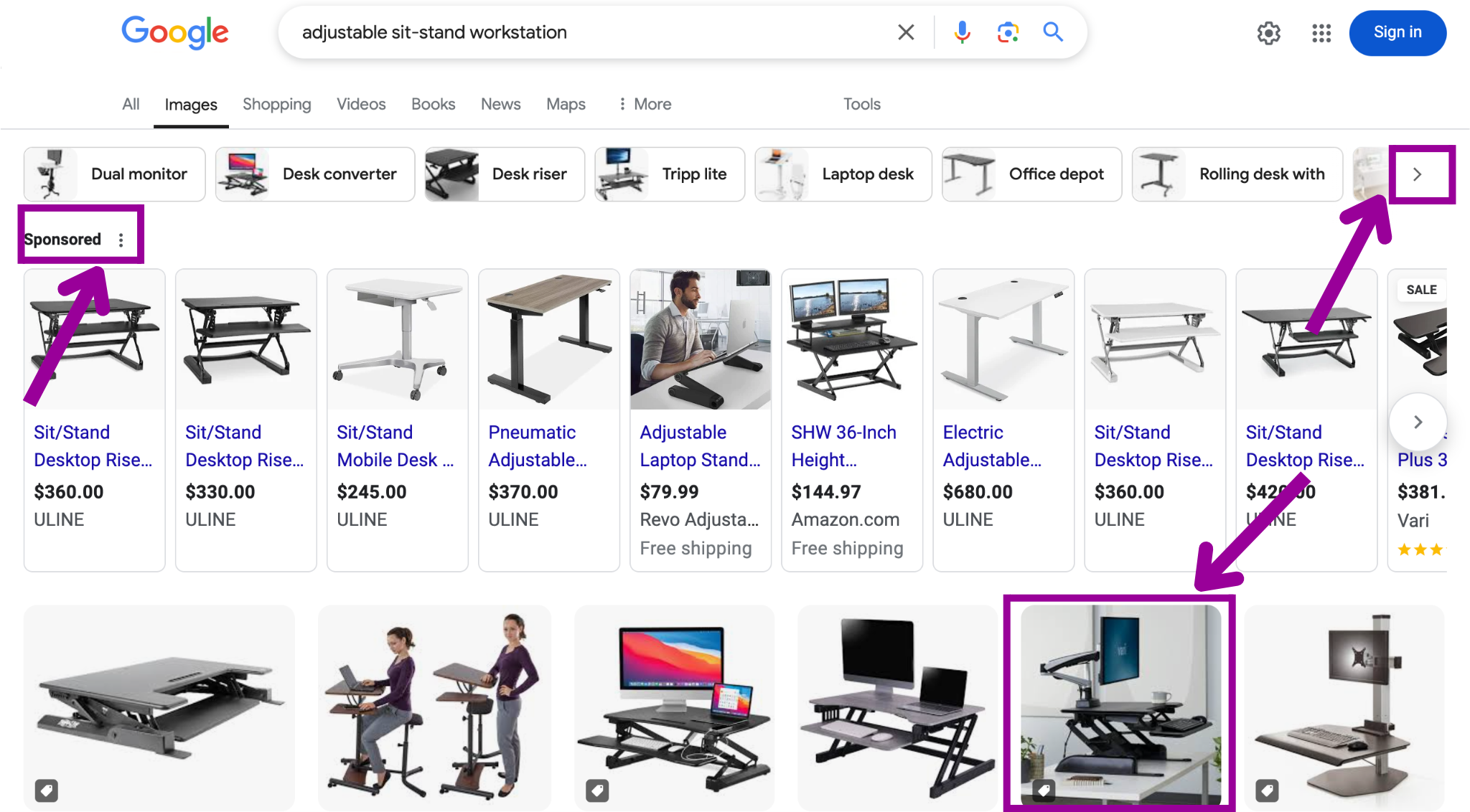 A Google search for adjustable sit stand workstation has been entered. There are three magenta boxes highlighting different important option available. The first magenta box indicates the option to view what images have been sponsored. The second magenta box is showing how to go the next page of images. The third magenta box surrounds an image from the search entered.