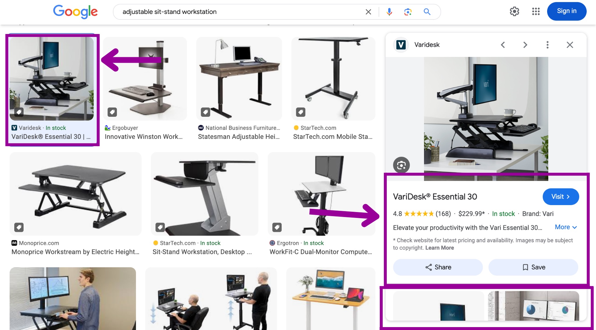 An image of a desktop from a Google search is displayed. There are two magenta boxes highlighting the options to view the source of the image and another showing where the related images can be found.