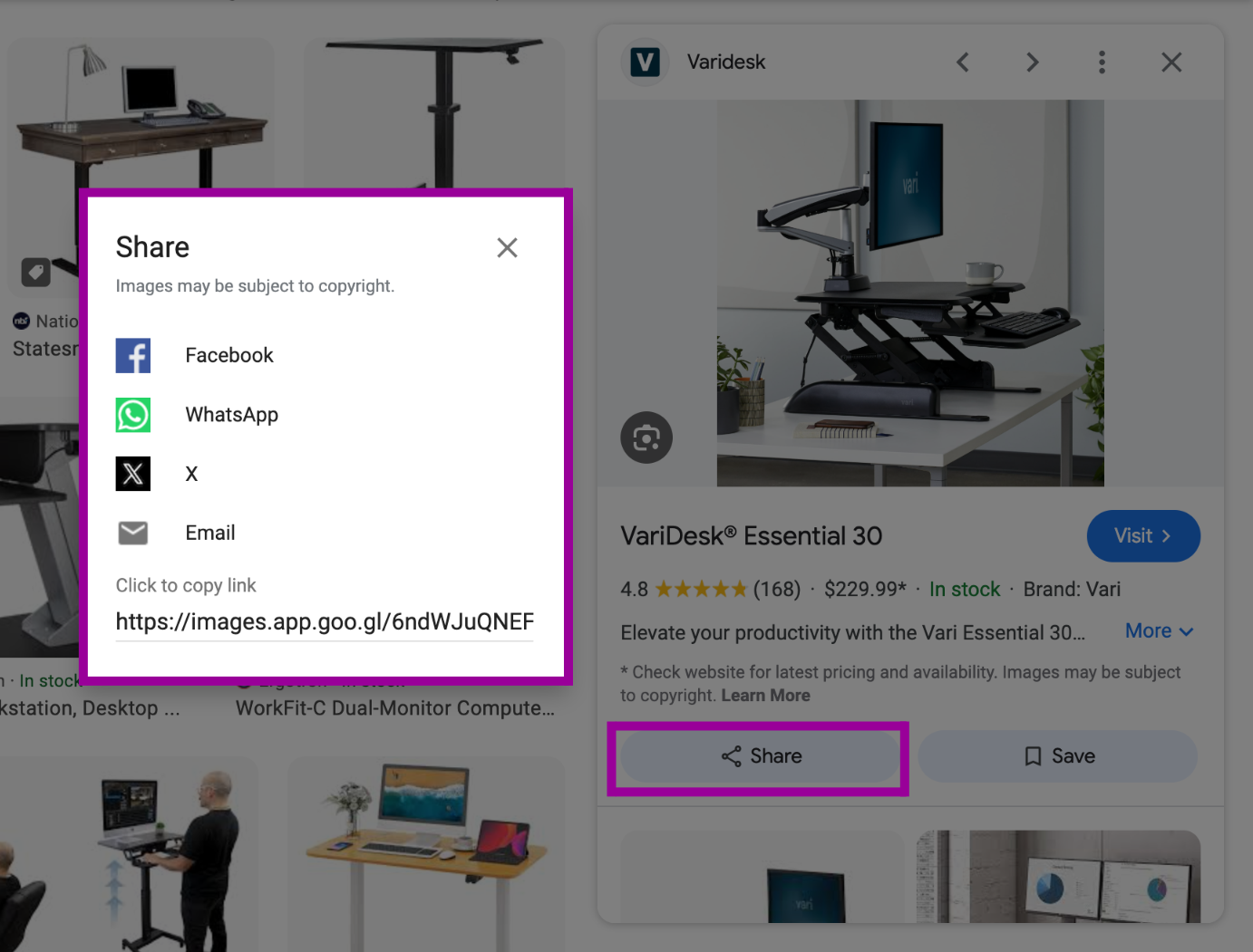 An image of a desktop from a Google search is displayed. There is a magenta box highlighting where the option to share the image selected is. A new dropdown menu has appeared which has been highlighted by a magenta box. This box shows the different places you can share the image.