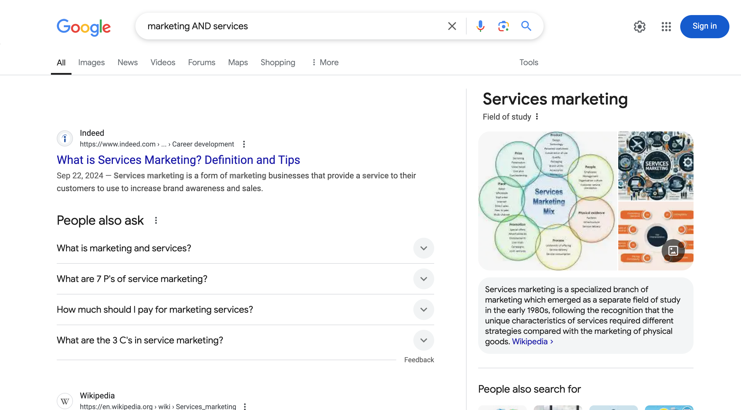 A google search has been entered for, Marketing AND services.