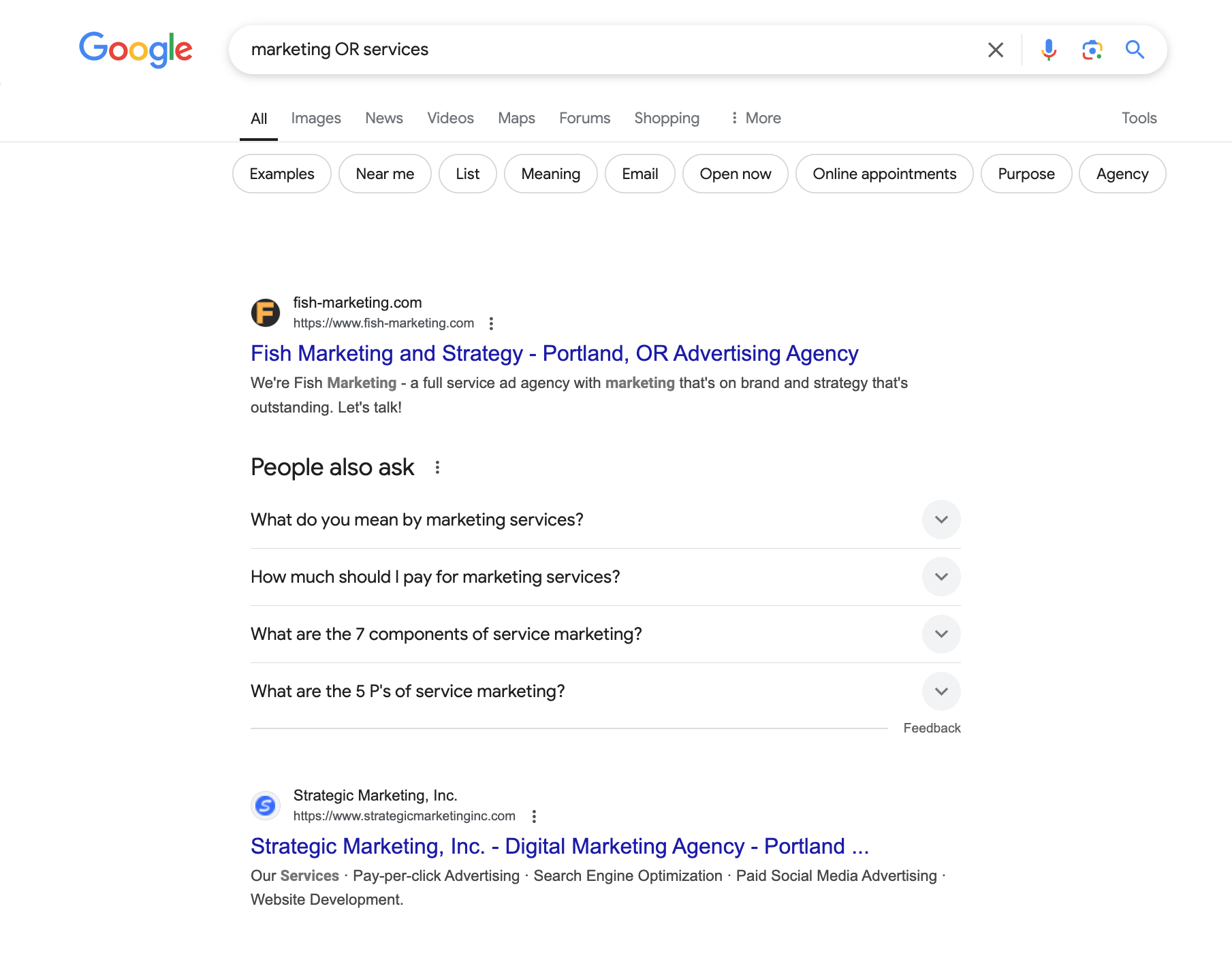 A google search has been entered for, Marketing OR services.