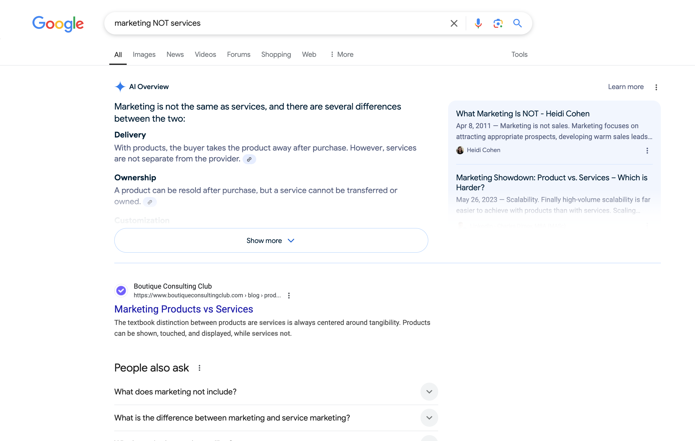 A google search has been entered for, Marketing NOT services.