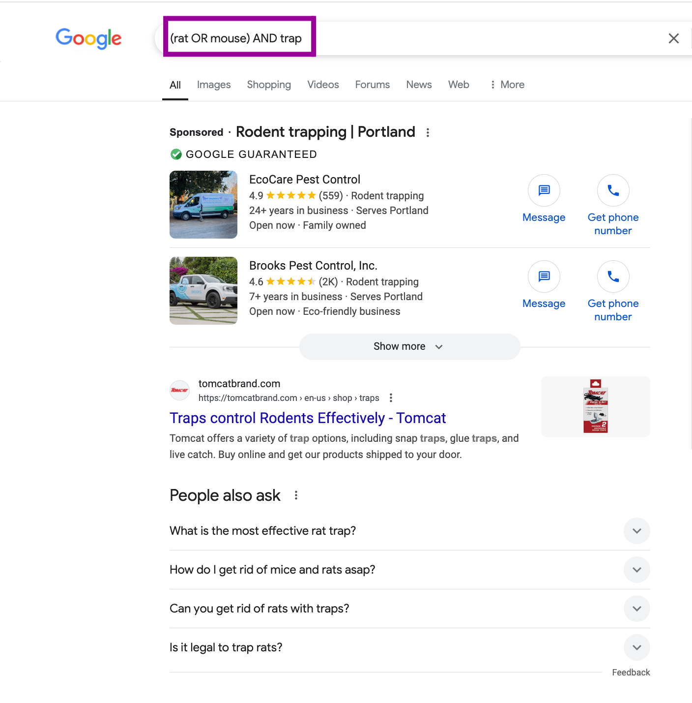 A google search has been entered for, (rat Or mouse) AND trap. There is a magenta box surrounding the search bar.