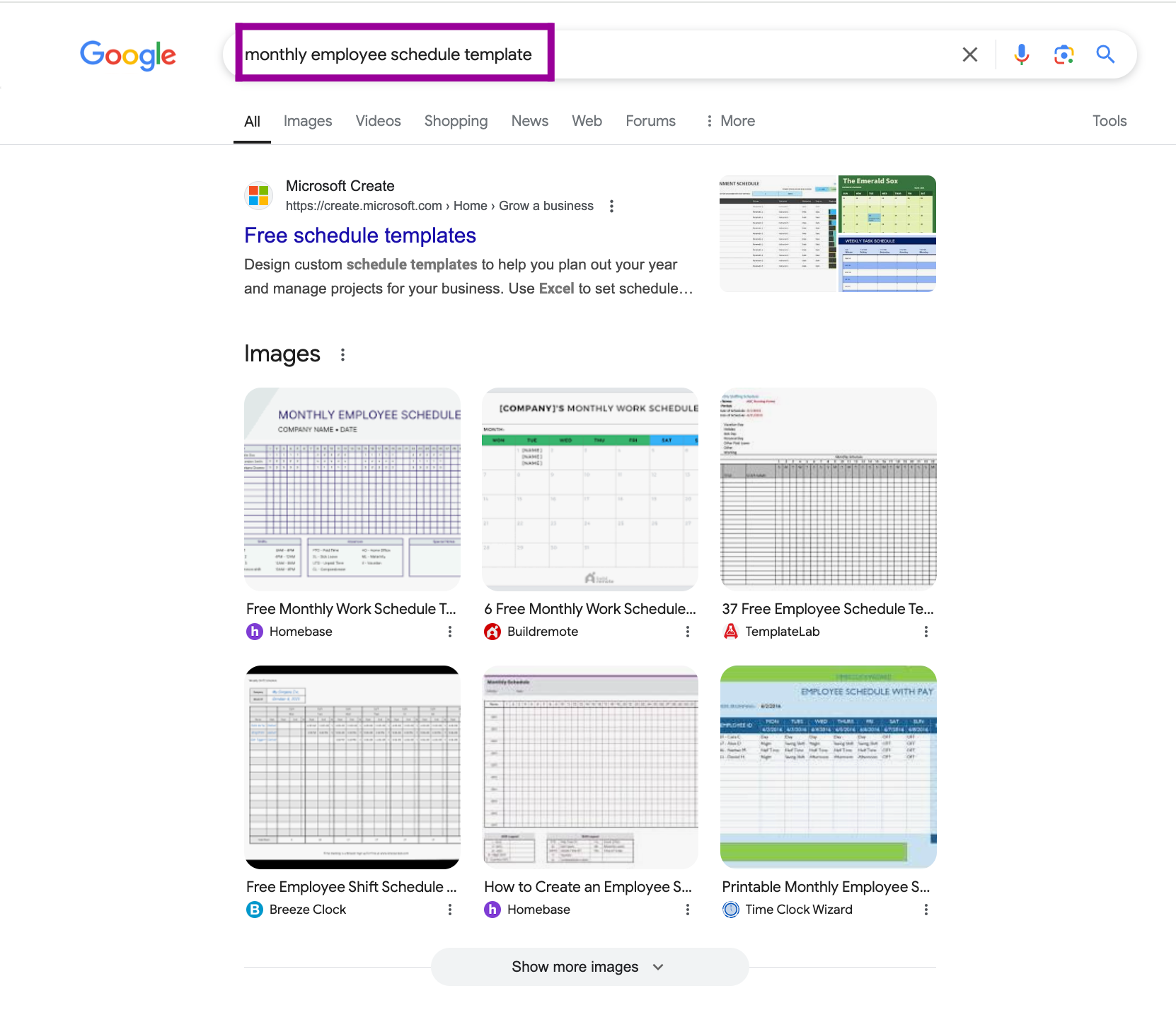 A google search has been entered for, monthly employee schedule template. There is a magenta box surrounding the search bar.