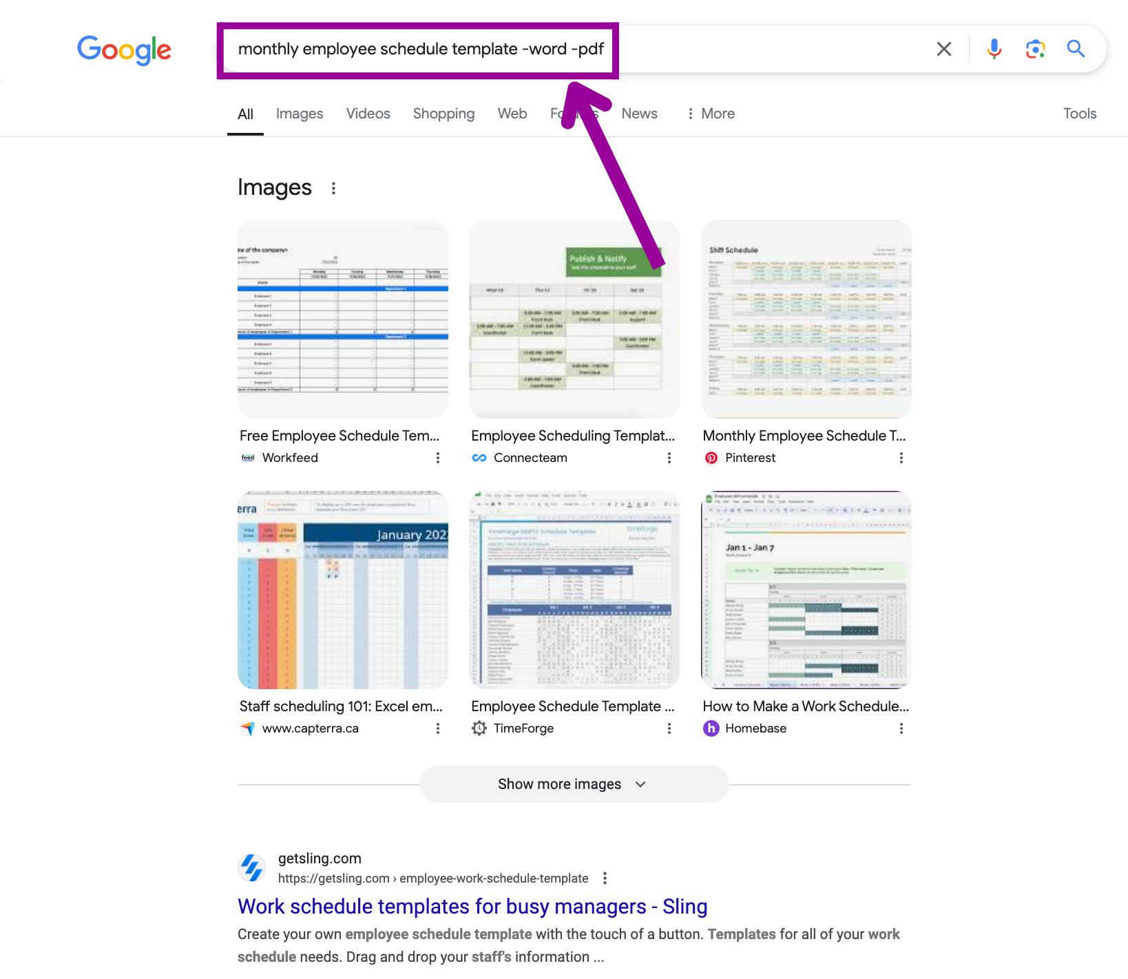 A google search has been entered for, monthly employee schedule template -word-pdf. There is a magenta arrow pointing at a magenta box which is surrounding the search bar.