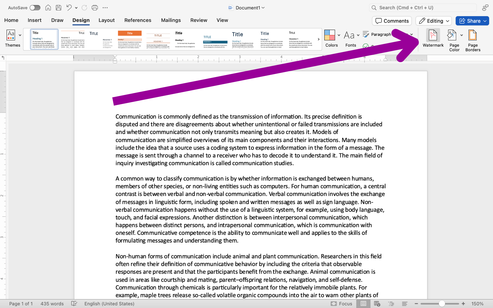 A Microsoft Word document is open with text on the page. The design tab has been selected from the ribbon menu. A magenta arrow is pointing towards the "Watermark" which has led to a new dropdown menu where the option to make the document confidential is found.