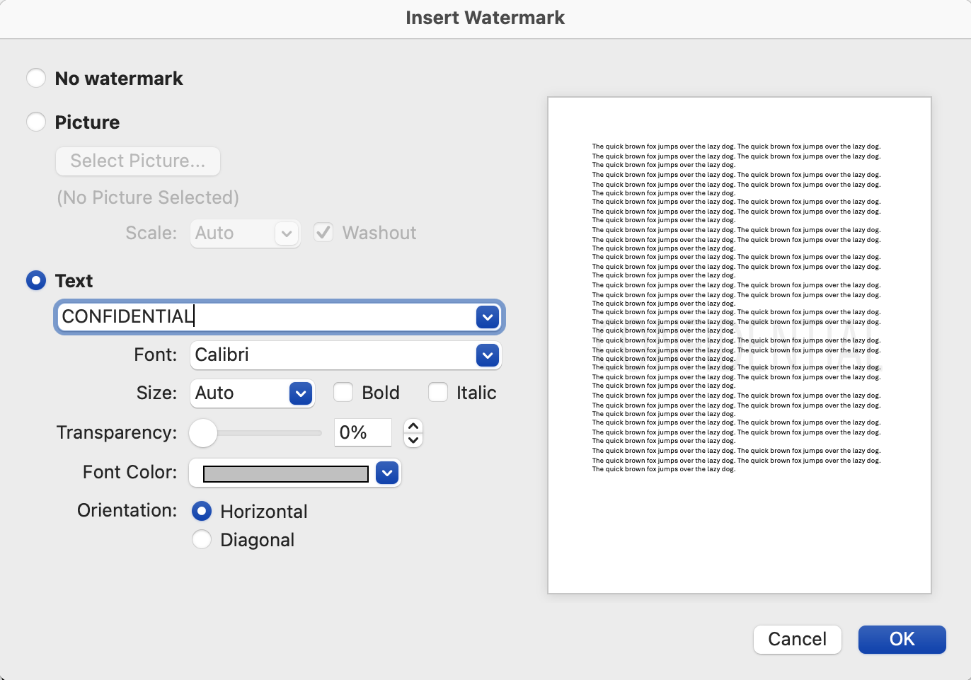 A Printed Watermark dialog box is open. The text watermark button has been selected.