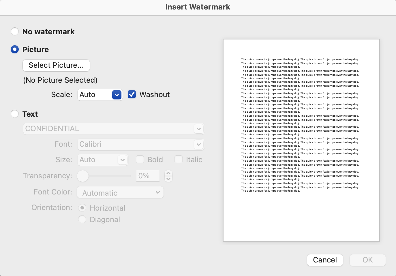A Printed Watermark dialog box is open. The picture watermark button has been selected.