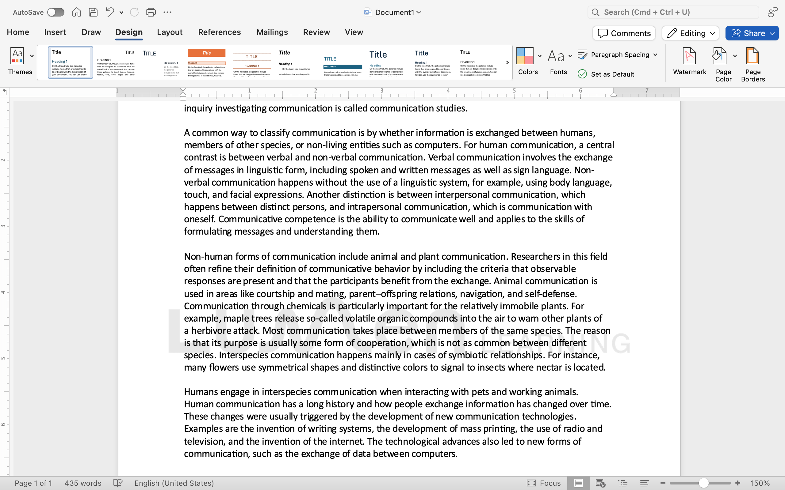 A Microsoft Word document is open with text on the page. In the background of the document the option to leave a watermark has been placed.