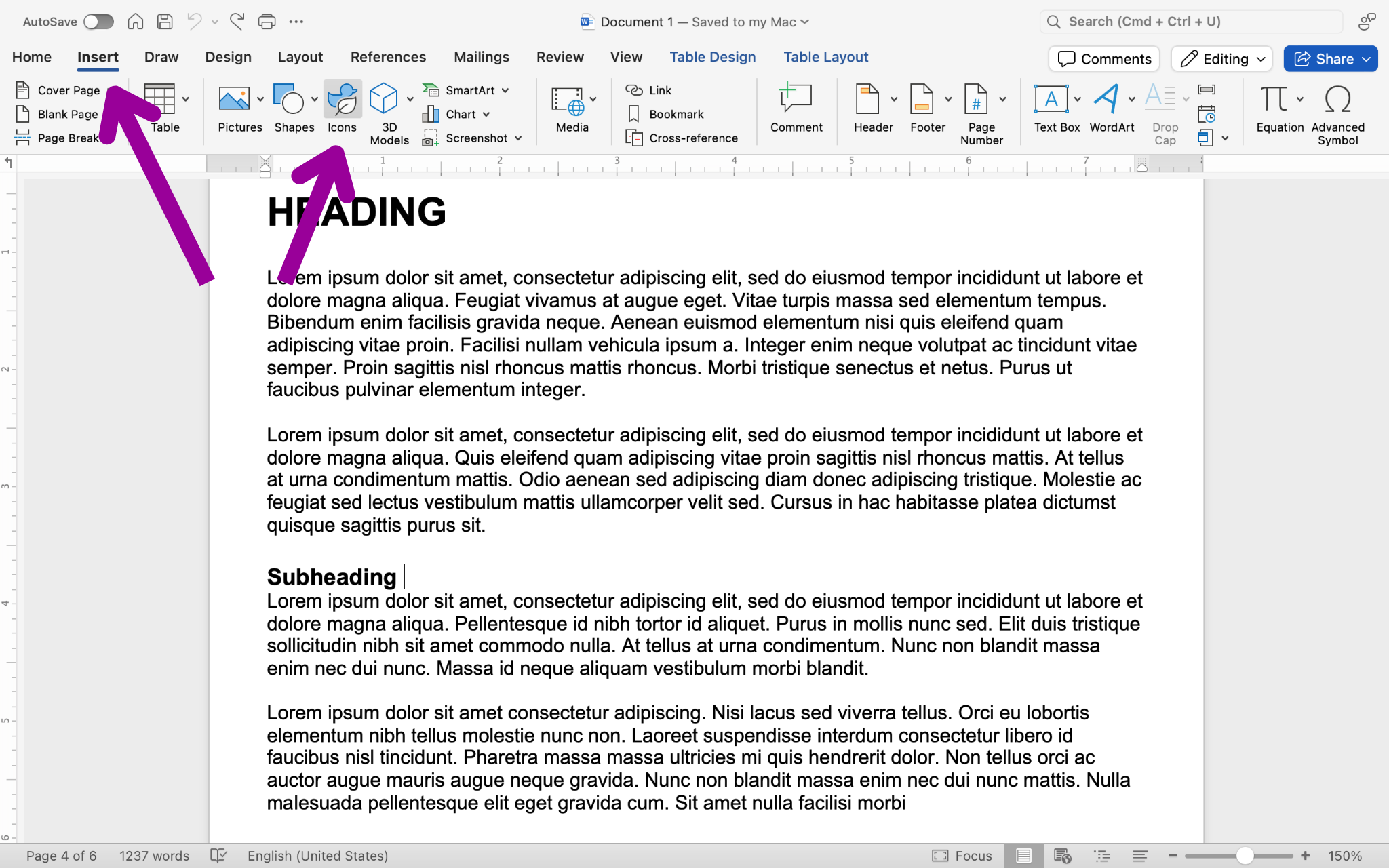 A Microsoft Word document is open with a sales report displayed. There are two magenta arrows displayed, one is pointing at the insert tab in the ribbon menu and the other is pointing at the icon dropdown menu.