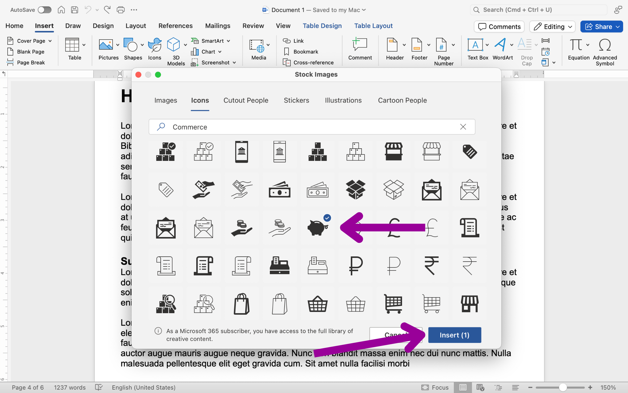 A Microsoft Word document is open with a sales report displayed. A insert icon box has opened up. There are two magenta arrows, the first is pointing at the selected icon and the second at the insert button.