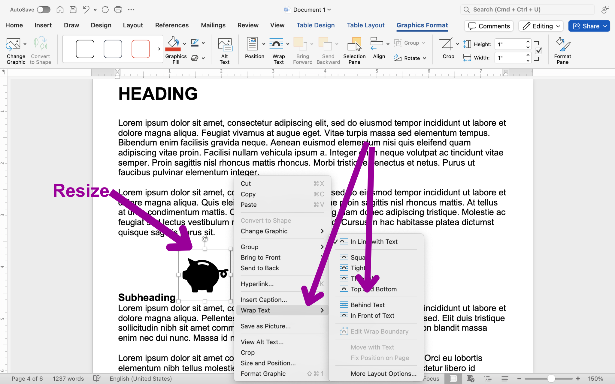 A Microsoft Word document is open with a sales report displayed. A magenta arrow shows how to resize the newly inserted icon and a second shows the layout options.