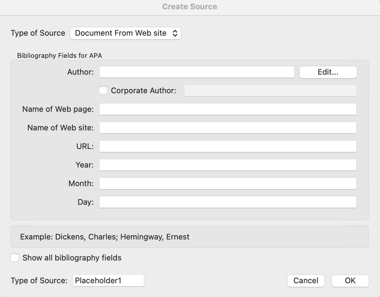 Create source dialog box in Microsoft word. There is a dropdown menu for Type of Source. Document from Website it selected. There are fields for APA citations. They are Author, with an optional Corporate Author; name of Web page; name of Web site; URL; Year; Month; and Day. There is a checkbox to show all bibliography fields, but it is unchecked.