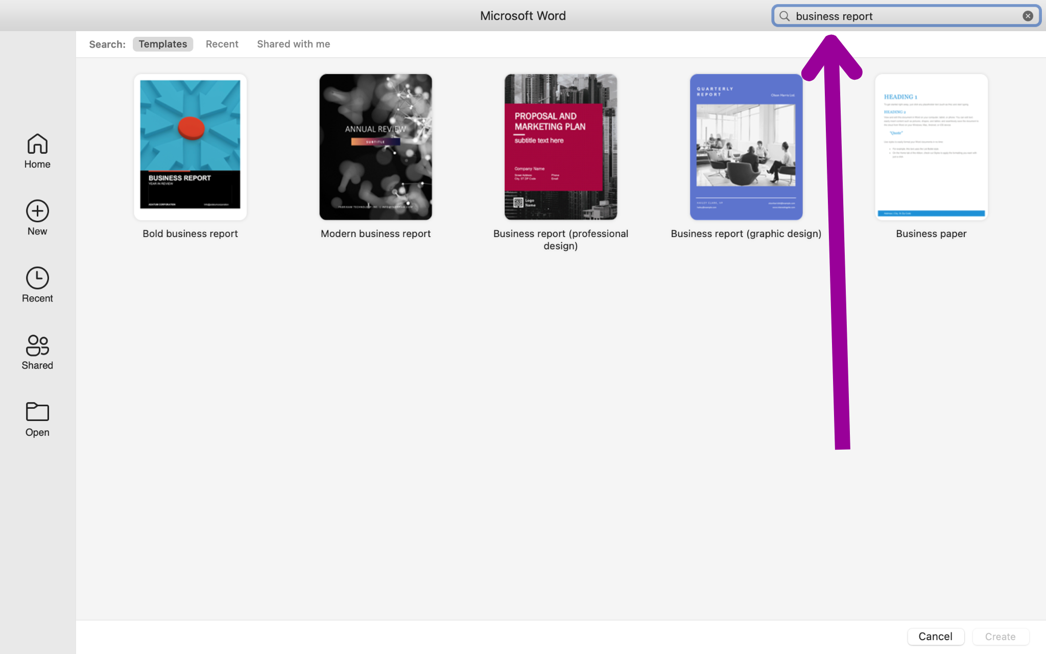 A Microsoft Word document backstage view is open. There is a magenta arrow showing that a search for a specific template has been entered.