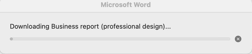 A Microsoft Word document backstage view is open. A new window showing that a template has been selected and is currently being downloaded is open.