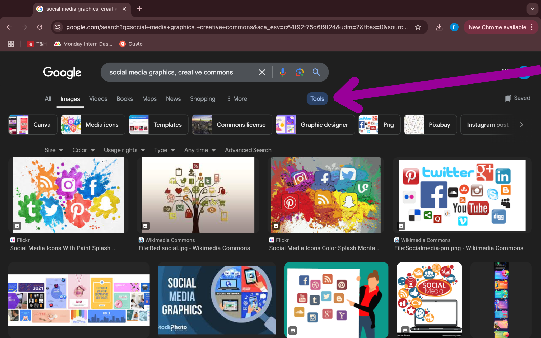 A google image search has been performed for, social media graphic with a creative commons license. Two magenta arrows show where to modify the search by adding in a labeled for reuse feature.