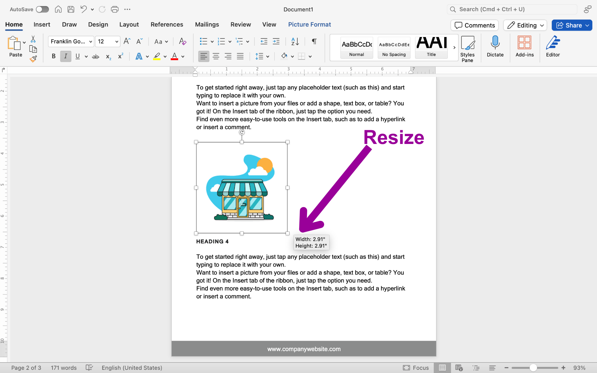A Microsoft Word document is open with an image of a cartoon shop being displayed. There is a magenta arrow showing how to resize the newly inserted image.