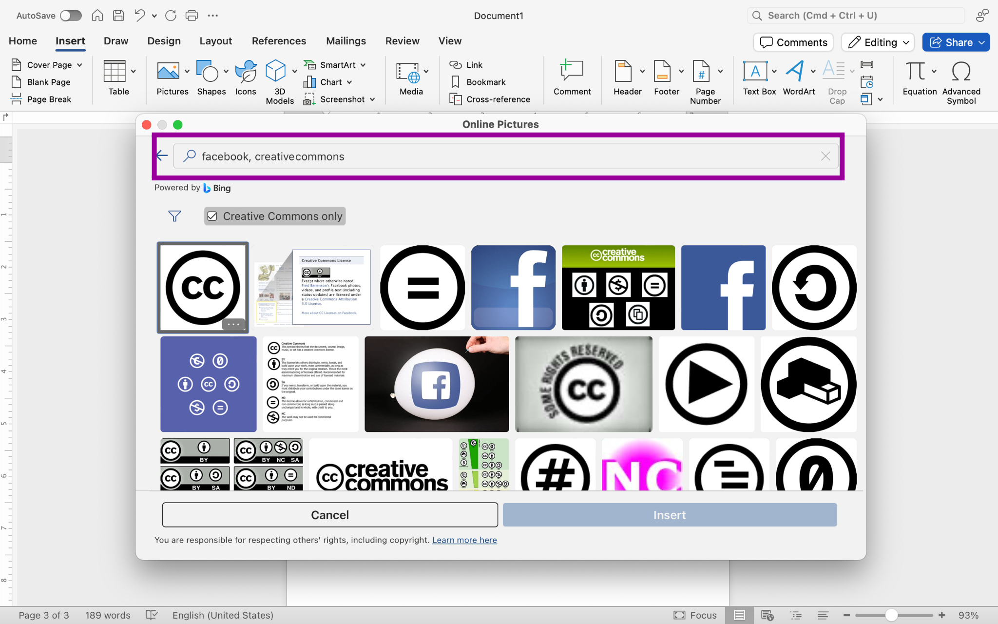 A Microsoft Word document is open. An insert pictures dialog box has been opened showing that a search for Facebook creative commons has been entered.
