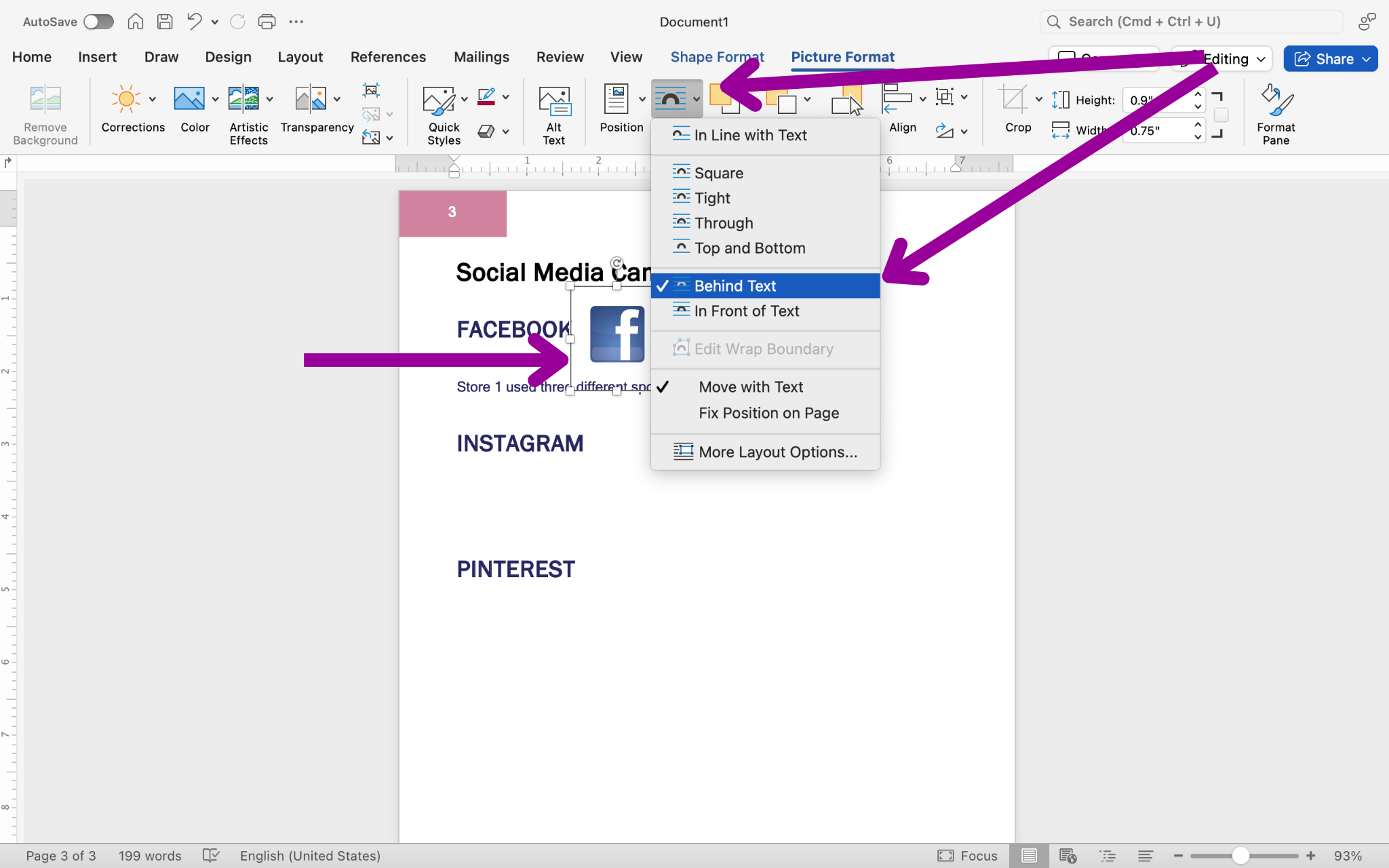 A Microsoft Word document is open. A Facebook logo has been inserted. There are three magenta arrows showing how to wrap the image within the text.